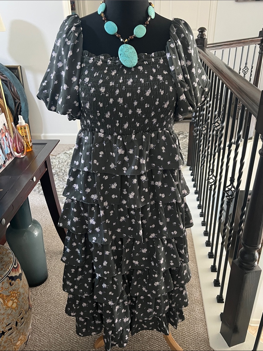 Smocked Tiered Floral Midi Dress - Black and gray by Midnight Doll.